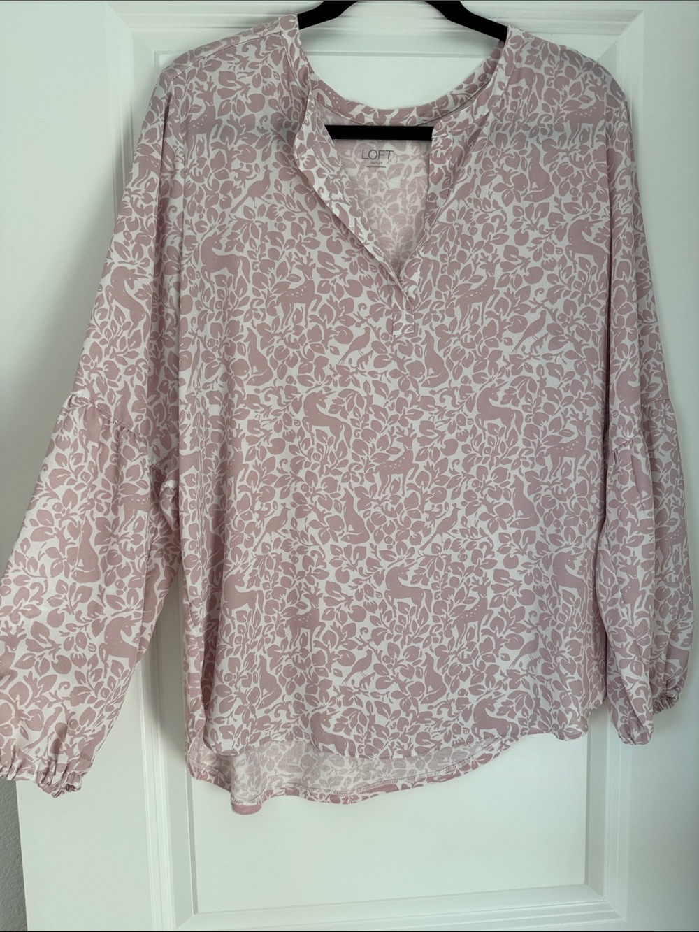 LOFT Blush Pink and White Floral Split-Neck Blouse